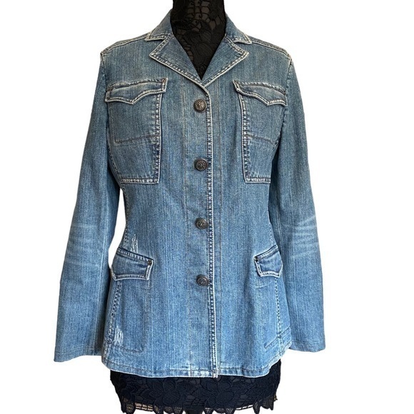 Ellie Tahari Blue Denim Distressed Jean Jacket Blazer Medium